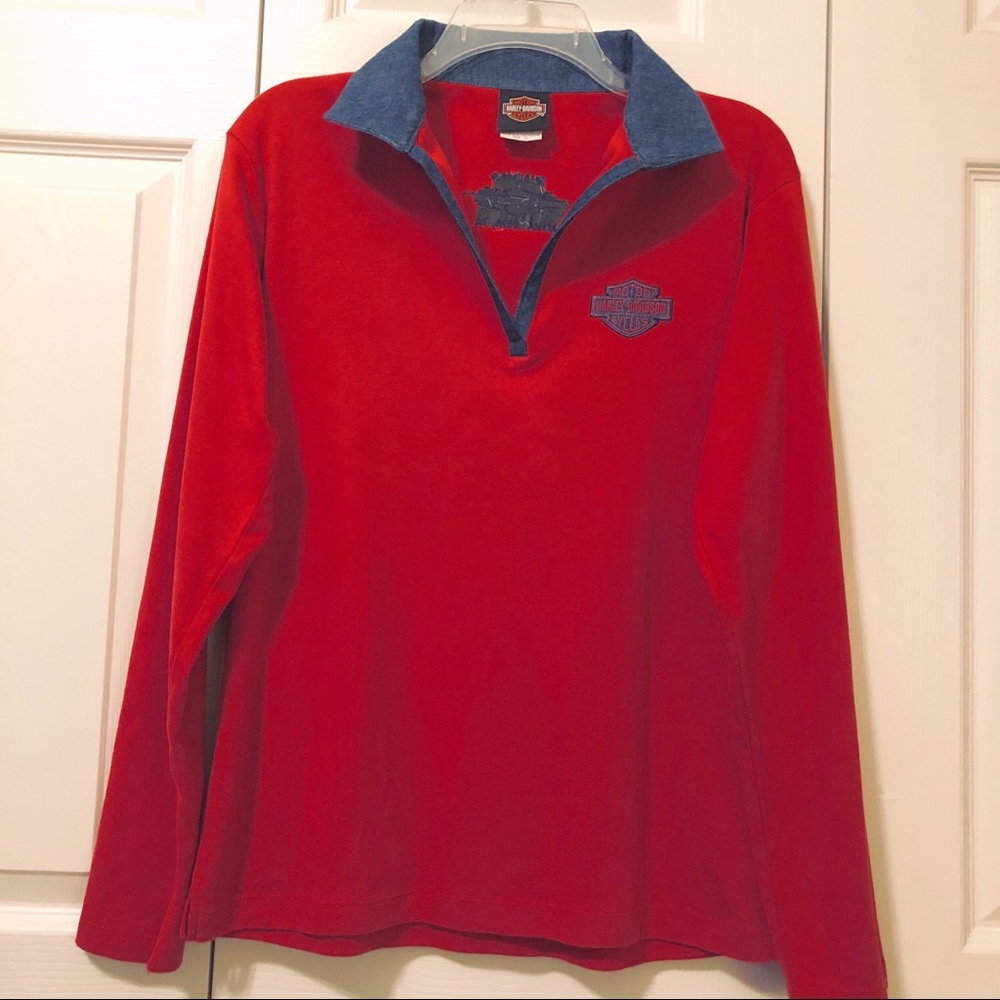 Harley Davidson Red LS Denim Collar w/V-Neckline